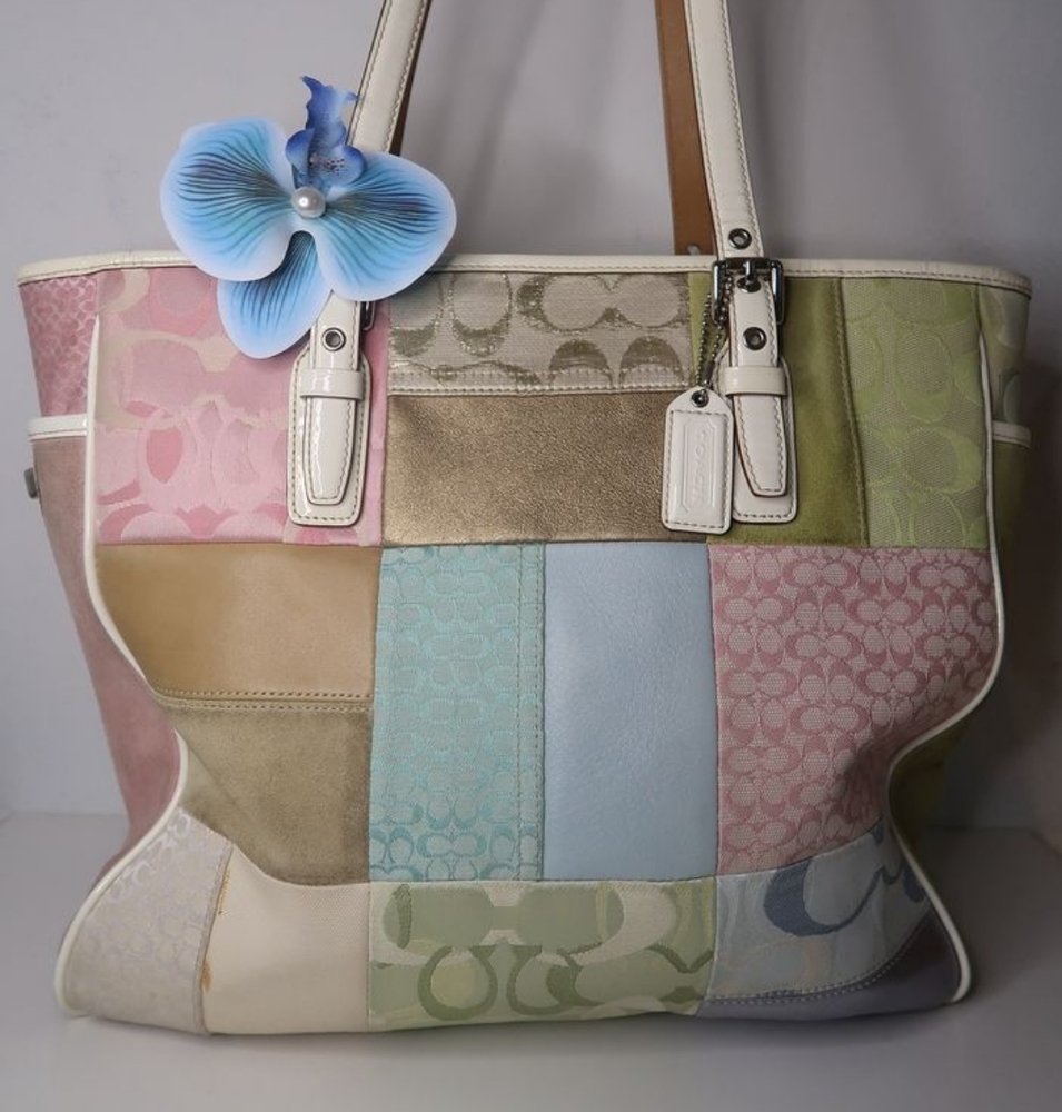 Patchwork Tote Bag with Blue Flower Accent